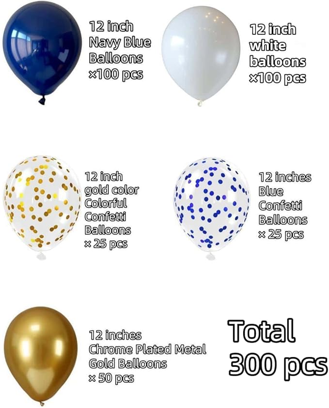 300 Pcs Navy Blue and Gold Confetti Balloons Set Lncludes 12 inch Gold White Navy Blue and Blue Gold Confetti Balloon for Birthday, and Celebration Graduation Party Decoration