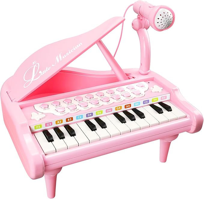 Love&Mini Pink Piano Toys for 1+Years Old Girls First Birthday Gifts Toddler Piano Music Toy Instruments with 24 Keys and Microphone