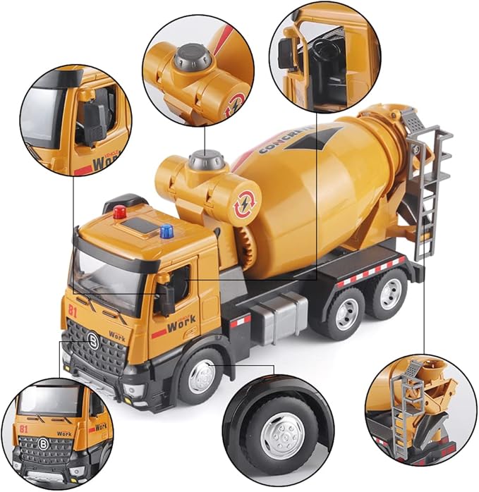 Metal Cement Mixer Truck Model with Simulated Sounds and Lights, Construction Truck Toy for Boys Ages 3 and Up