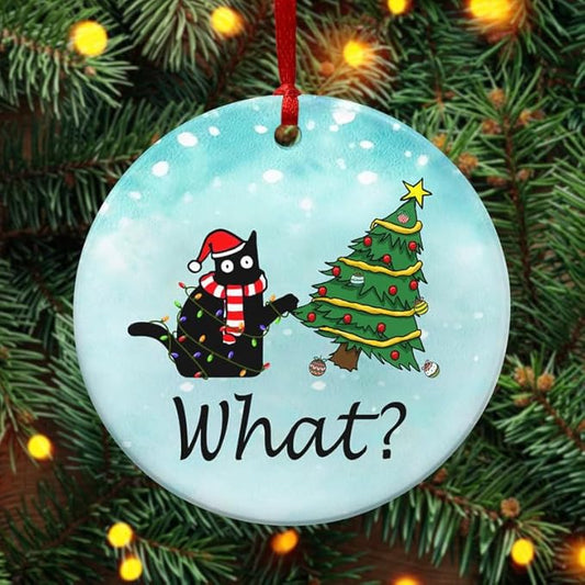 OASSIE Christmas Funny Black Cat Gifts for Women Men - Ceramic Christmas Ornaments 2025 for Tree Decorations - Cat Lover Gifts for Women Animal Lovers, Funny Ornaments, White Elephant Gift Ideas