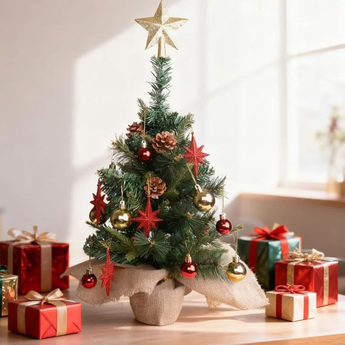 24 Inch Tabletop Mini Christmas Tree, Miniature Pine Christmas Tree with Hanging Ornaments, Battery Operated Artificial Xmas Tree, Best DIY Christmas Decorations