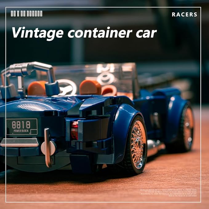 PB8818 1:32 Blue Convertible Sports Car Buliding Blocks Set, 317 Pieces Racing Toy Model Container Display Box, Clamping Blocks Car STEM Gift for Adults