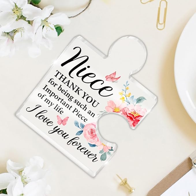 Niece Gifts from Auntie Uncle, Heartwarming Niece Gifts from Aunt Birthday Graduation Christmas Gift for Women Girls Acrylic Puzzle Piece Plaque Keepsake Desk Decorations for Home Decor