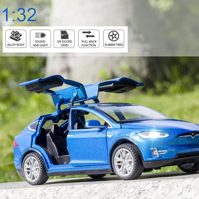 1:32 Scale Model X Alloy Car Diecast Vehicle with Lights and Music, Pull Back Toy for Kids, Mini Vehicles Gift, Children's Birthday Gift (Model X - Blue)