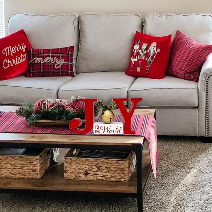 Christmas Decorations for Home Red JOY Bell Decor Farmhouse Wooden Holiday Sign Winter Rustic Vintage Block Xmas Tabletop for Kitchen Xmas Party Mantel Tiered Tray Gift Indoor Outdoor