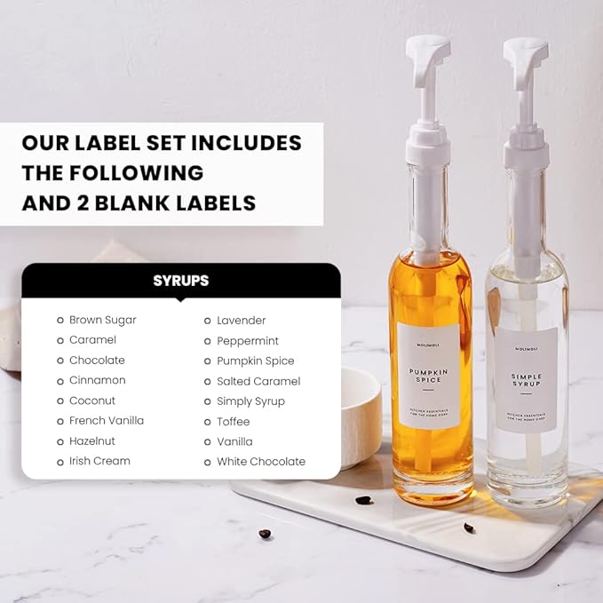 MoliMoli Coffee Syrup Dispenser for Coffee Bar, 350ml,Coffee Pump Dispenser, Glass Syrup Bottle w. Pumps, Simple Syrup Dispenser w. Labels (White) Set of 2