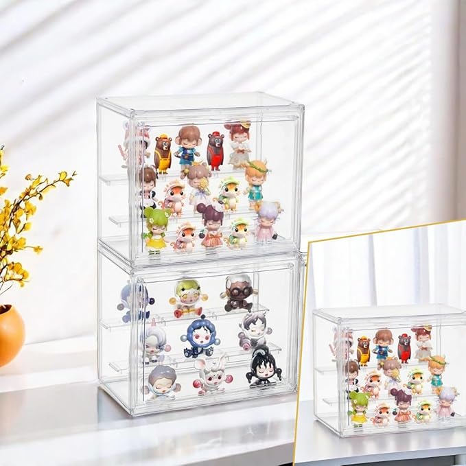 3 Pack Acrylic Display Case,3 Layer Clear Display Case Adjustable Display Box Stand with 2 Movable Dividers Small Showcase Magnetic Door for Mini Figures,Collections