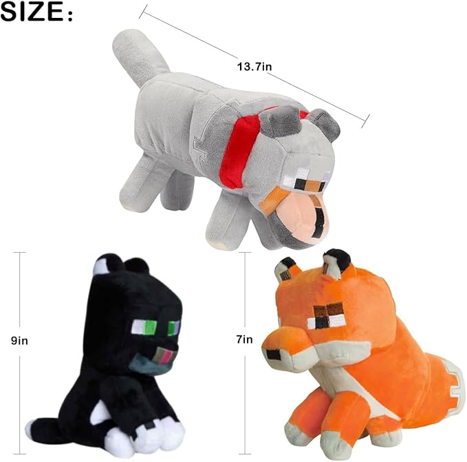 3pcs Character Dolls, 13.7" Wolf, 9" Black Cat, 7" Fox Plush Toy, Stuffed Animals Toys, for Fans, Soft, Collectible Game Plush, for Birthday Christmas New Year Gift