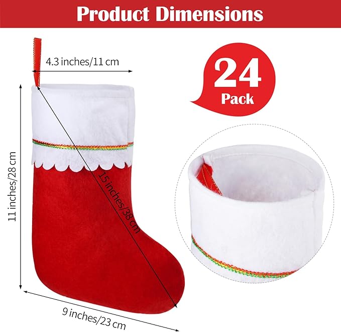 24 Pack Red Felt Christmas Stockings Bulk 15" Xmas Fireplace Hanging Stockings Christmas Holiday Decoration Stockings Stuffer Party Favors Stockings for Xmas Decoration