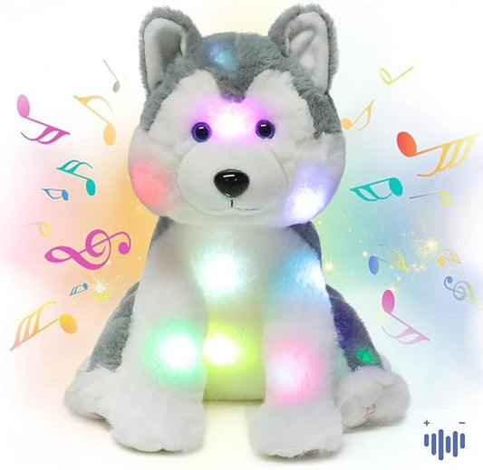 Hopearl LED Musical Stuffed Husky Lighting Up Singing Plush Dog Adjustable Volume Lullaby Animated Soothe Birthday Festival for Kids Toddler Girls, Gray, 12''
