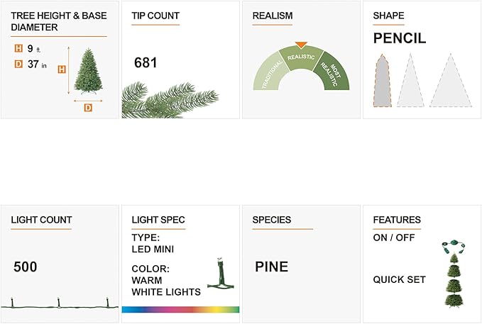 Glitzhome 9ft Prelit Christmas Tree, Flocked Pencil Artificial Christmas Tree with 500 Warm White Lights, Pine Christmas Trees w/Foldable Metal Stand for Home, Office, Party Decoration, Easy Assembly