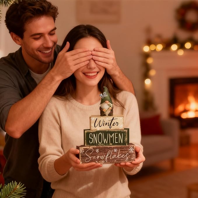 4 Pcs Christmas Decorations Indoor - Wooden Gnome Table Decoration for Home - Christmas Centerpiece For Table - Winter Tiered Tray Decor Rustic Farmhouse Xmas Gift for Home Kitchen Mantel