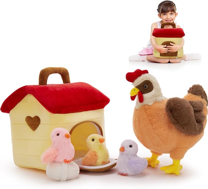 Tezituor 6 Pcs Chicken Stuffed Animals Set with Coop,14" Mother Hen with Baby Chicks&Egg Plush Toy,Soft Farm Animal Plushies for Toddlers Kids Home Farm Decor Easter Gifts