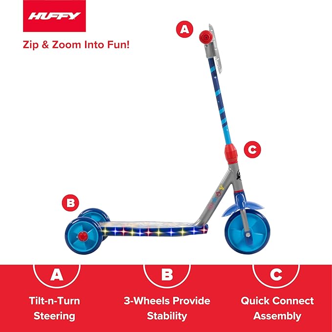 Huffy Disney and Marvel Toddler Kids 3-Wheel Scooters, Multiple Color Options, Ages 3+ Years Old, Durable Steel Frame, Portable, Girls/Boys, Non-Slip Deck, Character Graphics