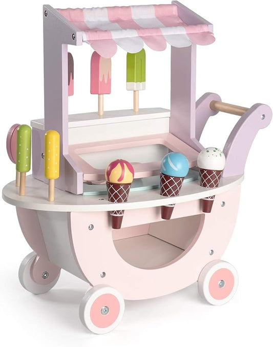 ROBUD Wooden Ice Cream Cart Toys for Kids, Toddlers Pretend Play Food Truck, Gift for Girls and Boys 3 Years & Up, Pink