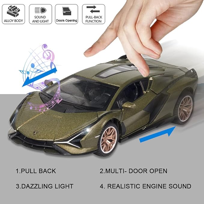 Diecast Toy Car Sian FKP37 Sports Model Car,Zinc Alloy Simulation Casting Pull Back Vehicles,1:32 Scale Supercar Toys with Lights and Music Sound for Toddlers Kids Children Boys Girls Gift (Green)
