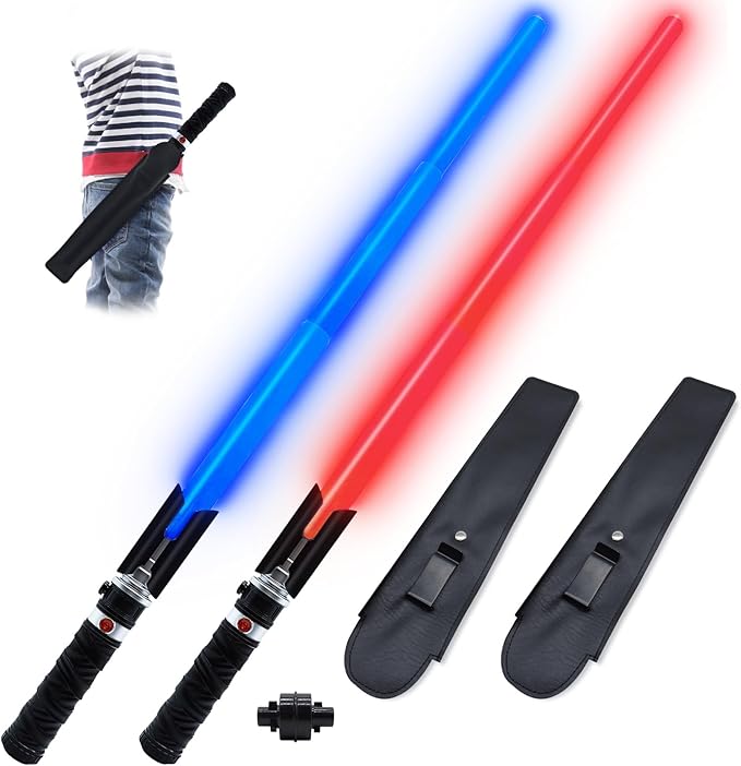 Light Saber Swords for Kids, 2-in-1 Dual Light Up Sabers with FX Sound, Expandable Light Sword with Belt Clip for Galaxy War Fighter Warriors, Halloween Costume Parties