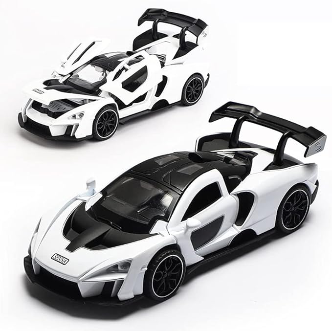 Diecast Toy Car McLaren Senna Sports Car Model,Zinc Alloy Simulation Casting Pull Back Vehicles,1:32 Scale Mini Electronic Supercar Toys with Lights and Music for Toddlers Kids Children Gift (White)