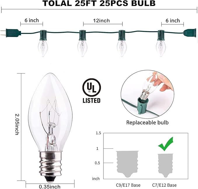 C7 Christmas Lights Outdoor, 25Ft C7 Warm White Christmas Decorations String Lights with 27 Clear Incandescent Bulbs, Vintage Christmas Lights for Roofline House Garden Patio Xmas Tree Party, Green