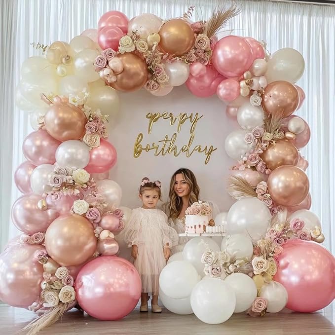 Pearl Pink White Balloon Garland Double Stuffed Light Pink Champagne Gold White Sand Balloon Arch Kit for Baby Shower Birthday Bridal Shower Wedding Birthday Party Decorations