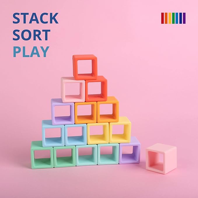 BLUE GINKGO Silicone Rainbow Blocks – [16 PC] Giftable Soft Blocks for Kids, BPA-Free Montessori Stacking Toy with Sorting Tray (Pastel)
