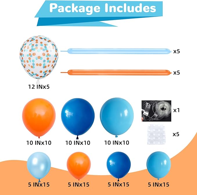 Orange and Blue Balloon Arch Kit 105 Pcs Orange Dark Light Baby Pearl Blue Confetti Latex Party Balloons Garland for Boys Graduation Cartoon Baby Shower Birthday class of 2025 Party Decor