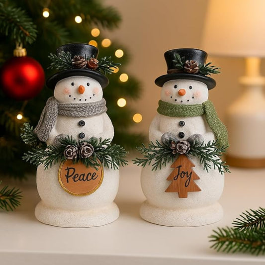 iStatue Set of 2 Glitter Snowman Figurines | 8-Inch Resin Christmas Decorations | Indoor Winter Holiday Mantel, Shelf, Tabletop Decor | Peace & Joy Festive Home Accent Xmas Gift (Beige Snowmen)