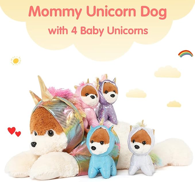 Muiteiur Giant Unicorn Stuffed Animal Cute Mommy Unicorn Dog with Zippered Pouch Includes 4 Baby Unicorns Gifts for Girls (Multicolor,26 Inches)