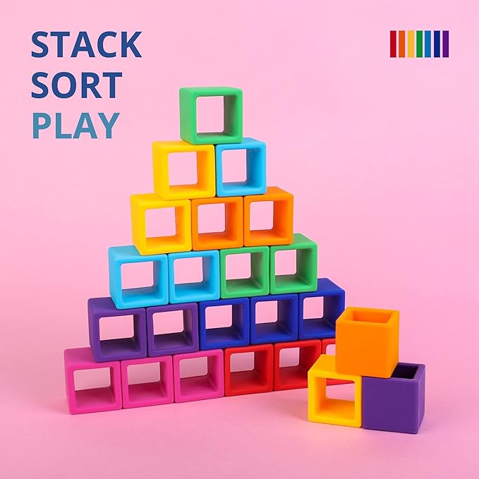 BLUE GINKGO Silicone Rainbow Blocks – [24 PC] Giftable Soft Blocks for Kids, BPA-Free Montessori Stacking Toy with Sorting Tray (Vibrant)