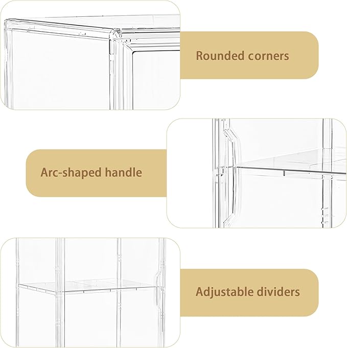 Acrylic Display Case for Collectibles, Clear Storage Bin with 3 Adjustable Layers and1 Removable Divider, Stackable Clear Storage Box with Magnetic Door for Figures, Home or Office,Large,3 Pack