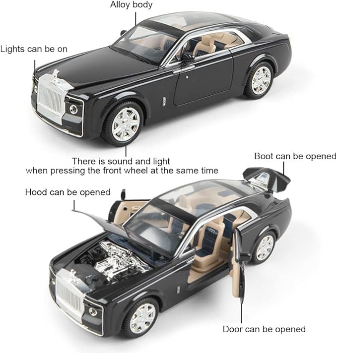 1/24 Rolls-Royce Sweptail Toy Car Alloy Diecast Collectible Model Car for Kids Gift, Pull Back Toy Car with Sound and Light, Classic Double Door, Car Logo Can be Folded