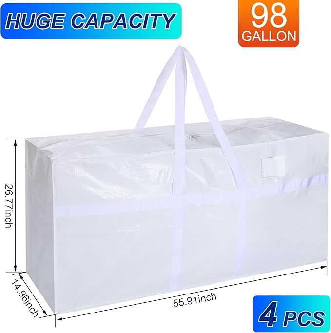 Windyun 4 Pack 98 Gallon Extra Large Storage Bags XXL Moving Bags with Zipper Handles Heavy Duty Jumbo Big Totes Box for Halloween Skeleton 4-12 Feet Christmas Tree Storage College Dorm Cloth (White)