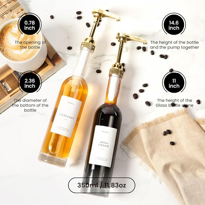 Molimoli Coffee Syrup Dispenser for Coffee Bar, 350mlCoffee Pump Dispenser, Glass Syrup Bottle w. Pumps, Simple Syrup Dispenser w. Labels,Set of 4, (Gold)