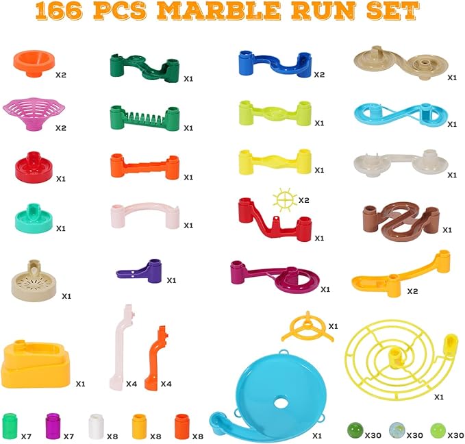 Marble Run, 166Pcs Marble Maze Building Block Toys for Kids, STEM Learning Toys Marble Track Race Set with 30 Glow in The Dark Glass Marbles Birthday Gift Toys for Boys & Girls Aged 3-12