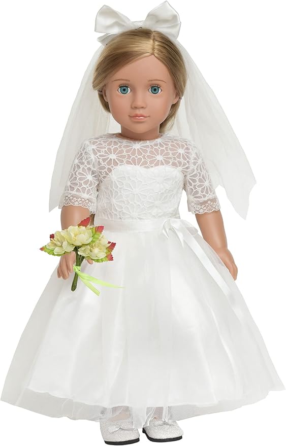 18 Inches American Doll Clothes First Communion Gorgeous White Wedding Dress Veil Bouquet Sets Fit 18 Inches Dolls