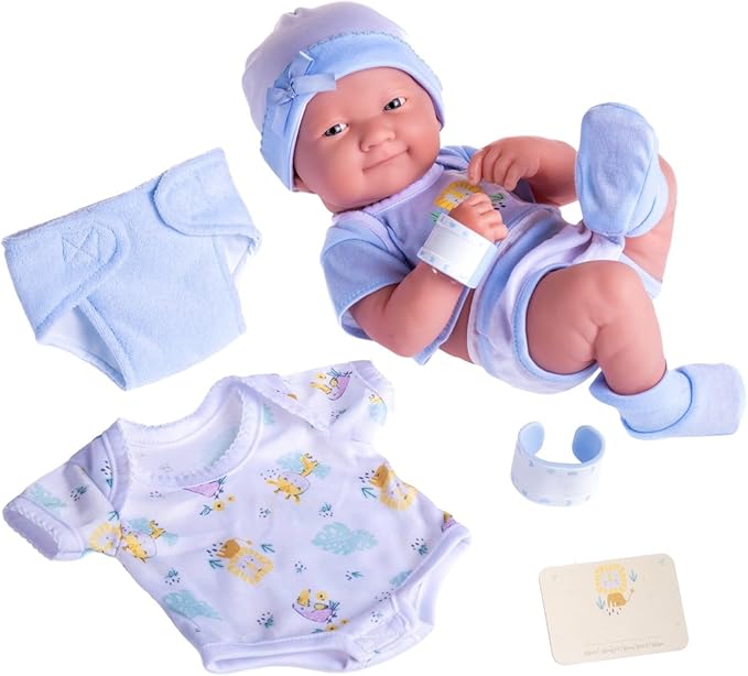 8 piece Layette Baby Doll Gift Set | JC Toys - La Newborn Nursery | 14" Life-Like Smiling Doll w/ Accessories | Blue | Ages 2+
