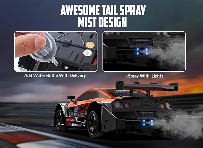 RACENT 1:16 RC Drift Car, 2.4Ghz 4WD 18KM/H Remote Control Car with Spray Mist, Racing and Drifting Wheels, LED Light, 2 Batteries, Sport Model Toys Vehicle for Kids, Boys, Adults