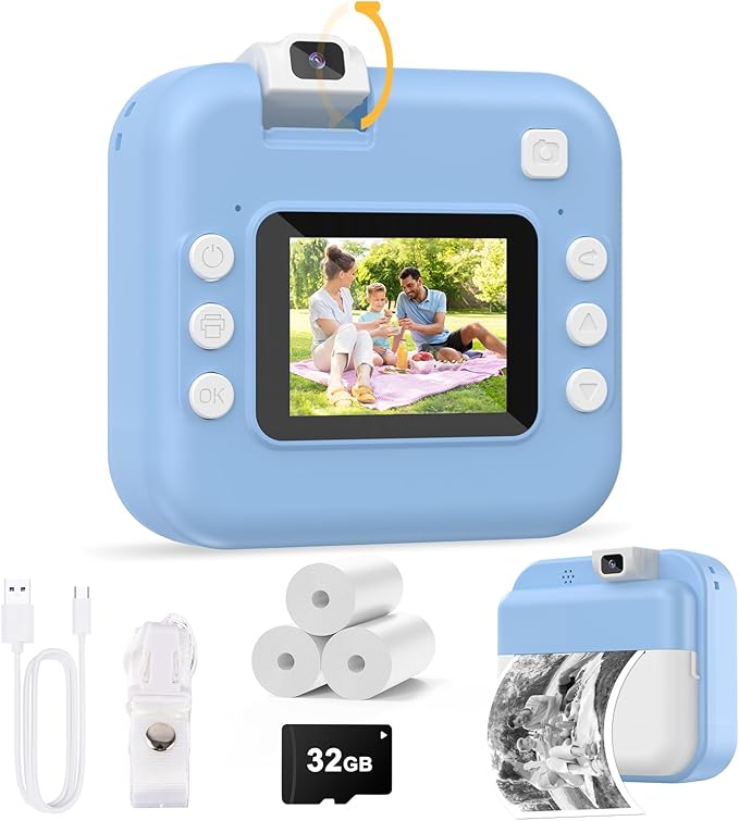 Kids Camera Instant Print - Digital Camera with Flip Lens, Birthday Gift for Boys Girls, Instant Print Photos for Toddlers HD Selfie 1080P Video, Portable Travel Toys for 4 5 6 7 8 9 10 Years Blue
