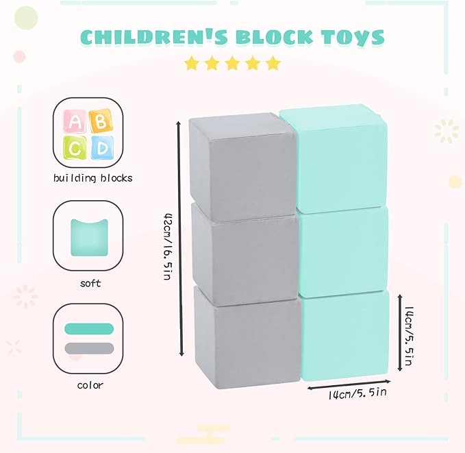 TRENDBOX 6 Pcs Toddler Foam Blocks, 5.5inch Soft Foam Cubes with Detachable Washable Cover, Soft Play Blocks for Toddlers and Kids (Light Gray/Blue)