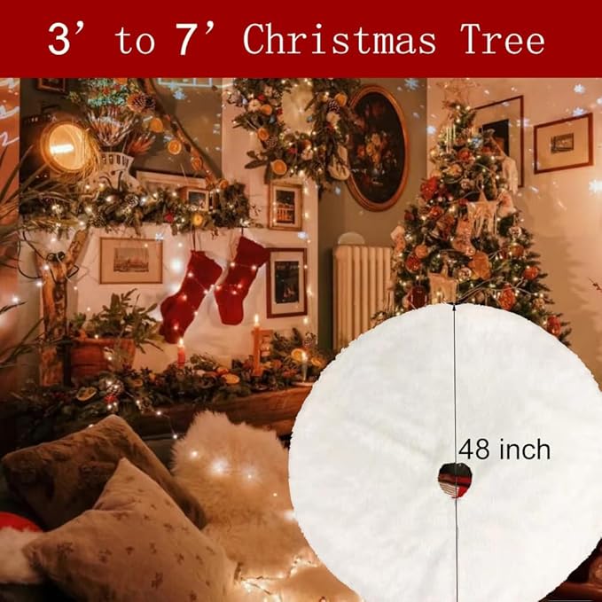 Christmas Tree Skirt, 48 inches Snow White Tree Skirt Decoration for Xmas Faux Rabbit Fur