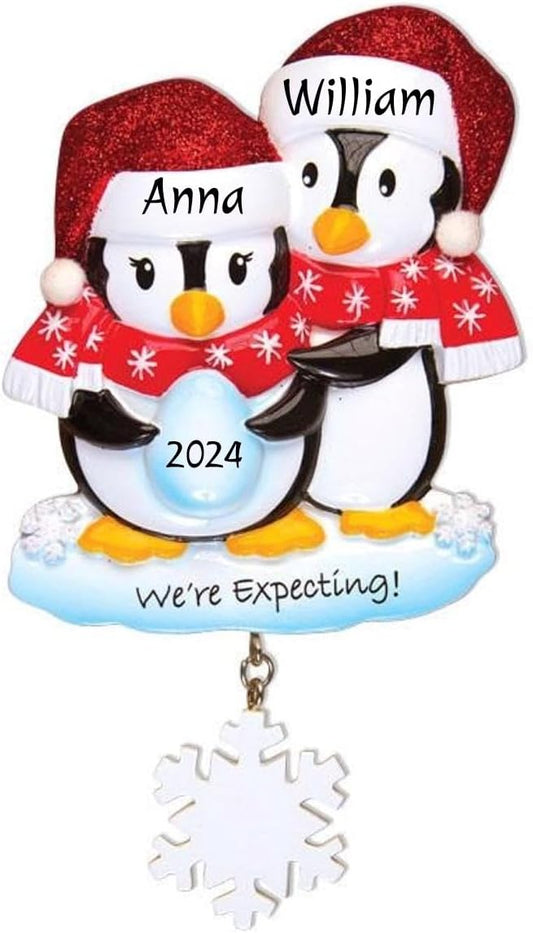 2024 Personalized Ornament We're Expecting Penguin Couple Christmas Tree Custom Wedding Family Customized Glittered Decoration Pregnant Egg - Free Personalization