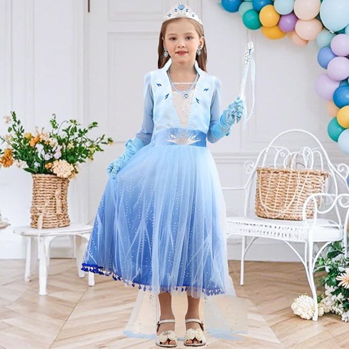 Princess Costume for Little Girls Snow Princess Dress Blue Cosplay Outfit Halloween Carnival Party Christmas