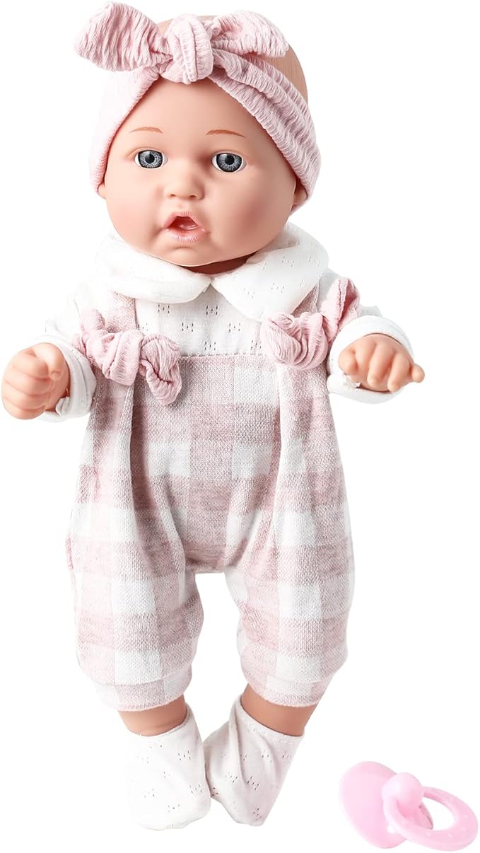 12'' Baby Doll in Gift Box with Pink Cloths, Pacifier, 13''x13'' Microfabric Blanket, and Feeding Bottle. Gift Idea for Ages 3+