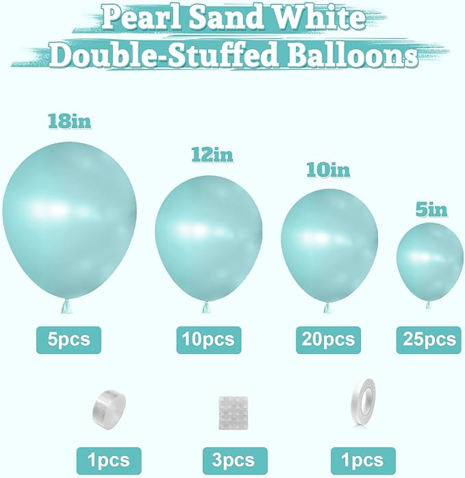 Pearl Teal Blue Double-Stuffed Balloons Arch Garland Kit, 60 Pack 18/12/10/5 Inch Different Size Pearl Turquoise Balloons for Wedding Bridal Shower Anniversary Birthday Baby Shower Decor