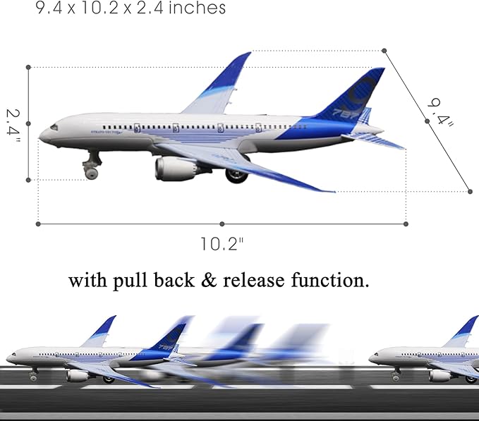 OTONOPI Airplane Toys Bump and Go Airlines Die Cast Metal Model Plane Toy with Lights and Sounds for Kids Blue