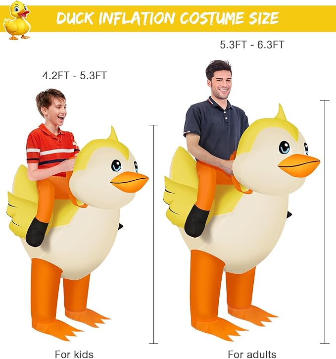 M MH ZONE Inflatable Duck Costume for Kids - Blow Up Ride on Yellow Halloween Party Suit for Boys Girls
