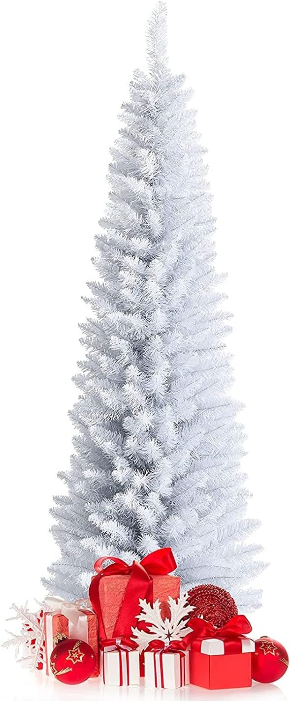 Happygrill 6FT White Pencil Christmas Tree Artificial Slim Christmas Tree Skinny Xmas Tree with Folding Metal Stand & PVC Material, Realistic Unlit Pine Tree with 340 Branch Tips for Indoor Outdoor