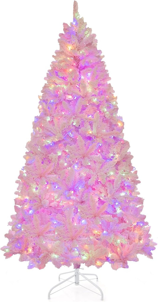 GOFLAME 7FT Pre-Lit Artificial Christmas Tree Snow Flocked, Hinged Xmas Tree with 1200 PVC Branch Tips, 500 LED Lights & 8 Lighting Modes, Holiday Decoration Tree for Home, Office, Party, Pink