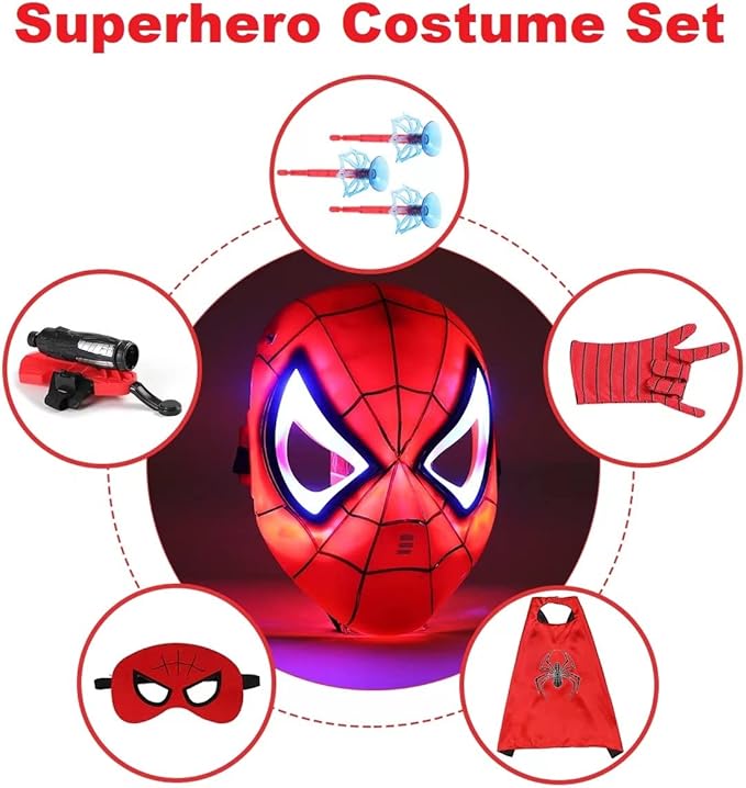 Superhero Costume Masks Capes Boys,Web Shooter Super Heros Toy- Web Goves Costume Kids for Christmas Halloween Birthday Party Over 3 Years Old