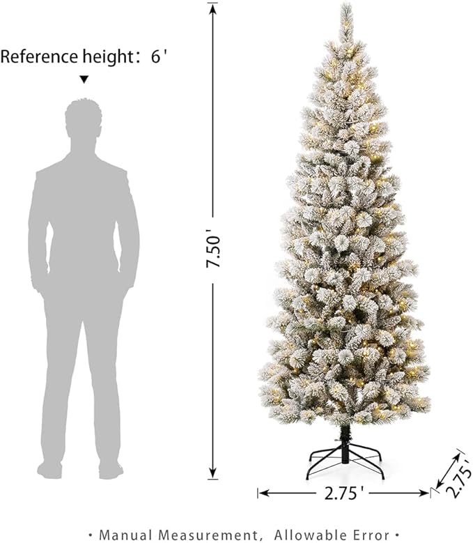 Glitzhome 7.5ft Prelit Christmas Tree, Flocked Artificial Christmas Tree, Pencil Christmas Tree Portland Snowy Pine with 300 Warm White/Multi-Color Lights, 9 Functional, Remote Controller